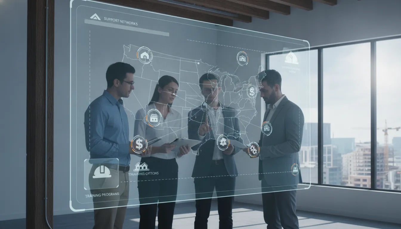 Professionals discuss affordable roofing business support across the United States beside a digital map.