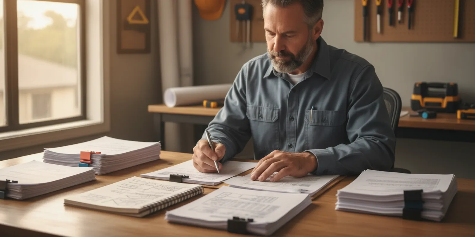 Contractor reviewing organized bookkeeping records and financial reports at a desk