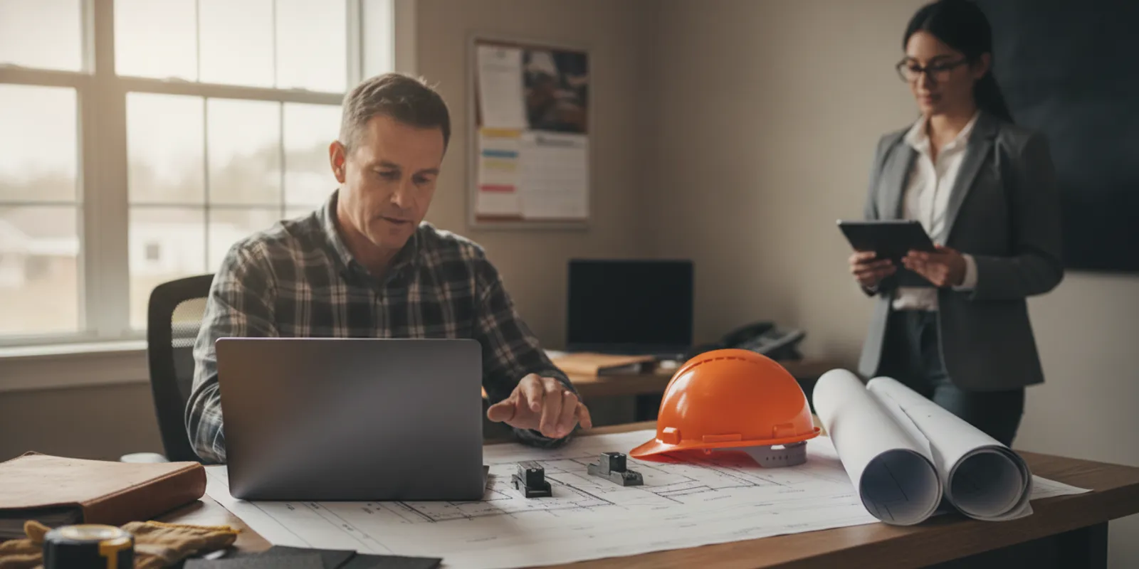 Contractor reviewing project schedules and customer records at a desk