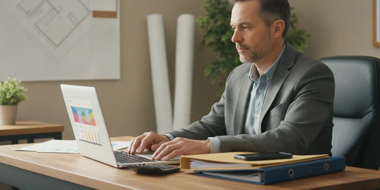 Contractor reviewing project records and financial paperwork at an office desk