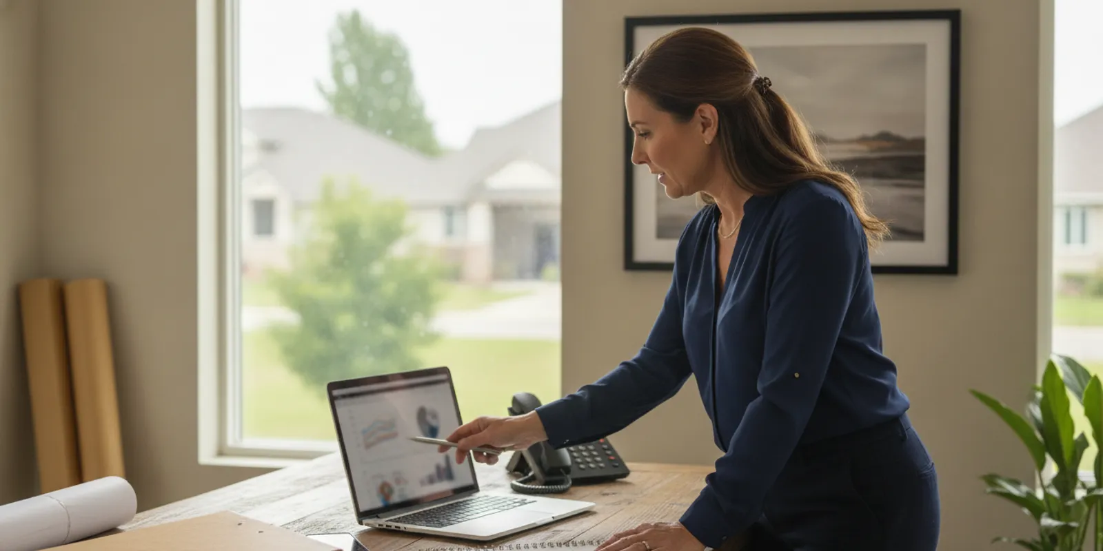 Roofing contractor reviewing an outbound cold calling plan at a desk with a laptop and phone