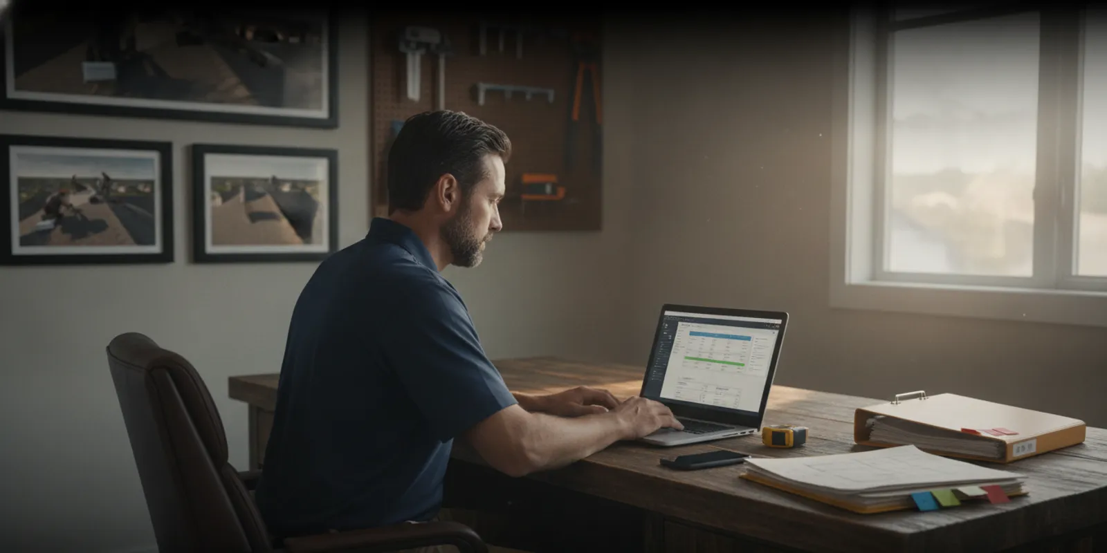 Roofing business owner reviewing customer project details at an office desk
