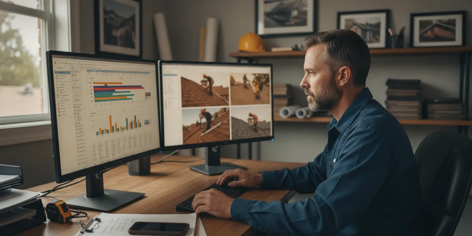 Roofing business owner reviewing a job schedule and dispatch notes at an office desk