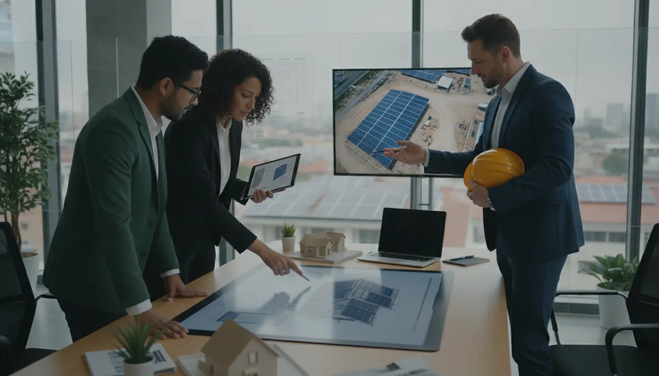 Solar project team coordinating installation plans and schedules with digital tools.
