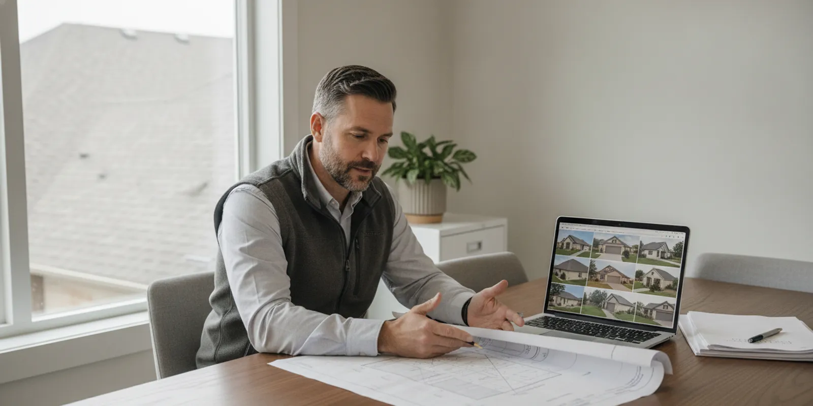 Roofing contractor reviewing property photos and an estimate at a desk