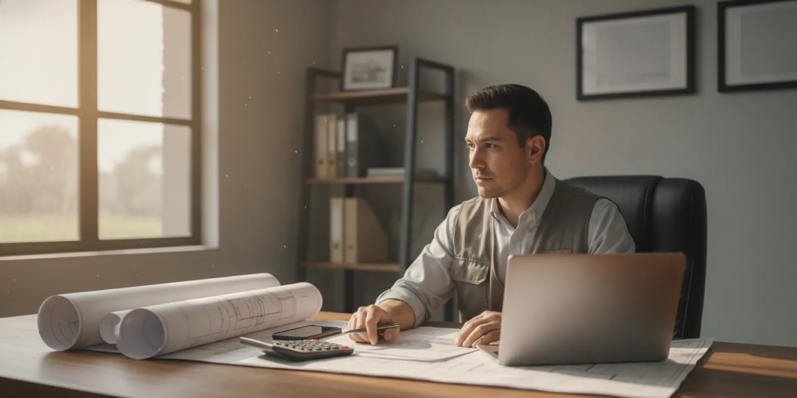 A contractor reviewing project cost details at a desk with roofing plans and a laptop