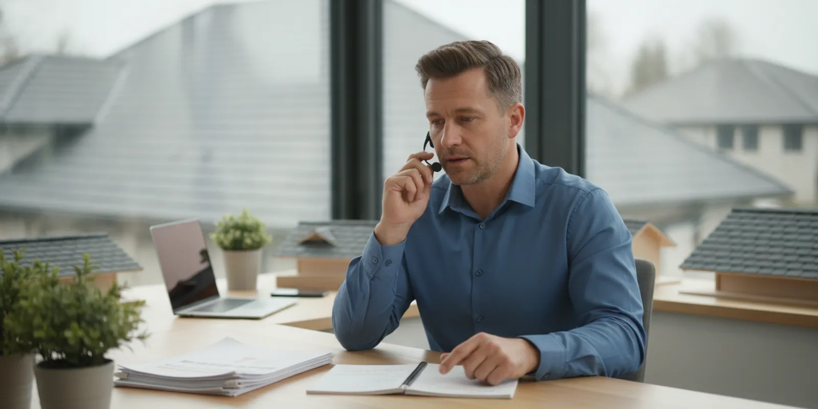 Roofing business owner reviewing a customer call and job schedule at an office desk