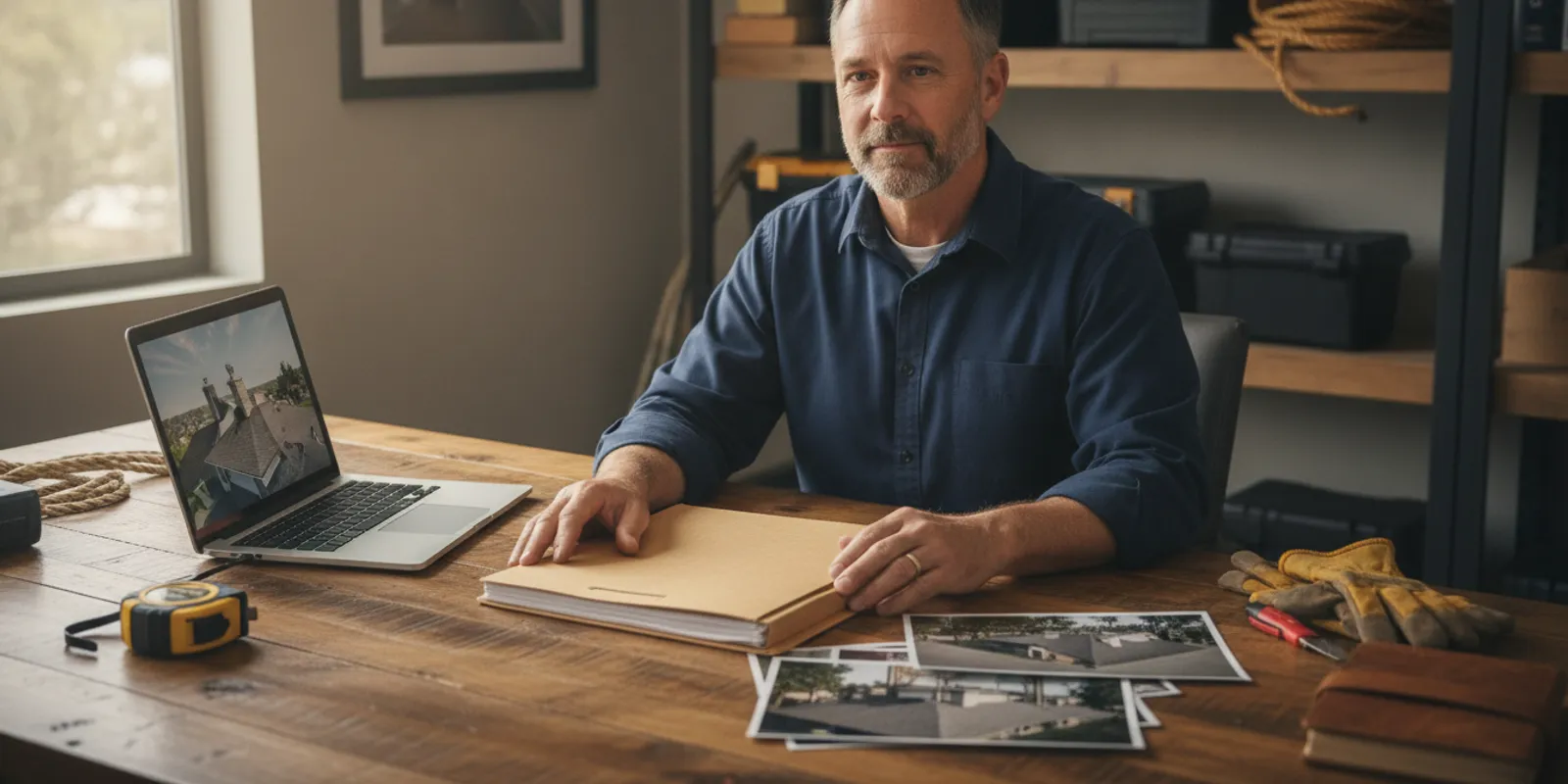 Roofing business owner reviewing project files and roof photos at a desk