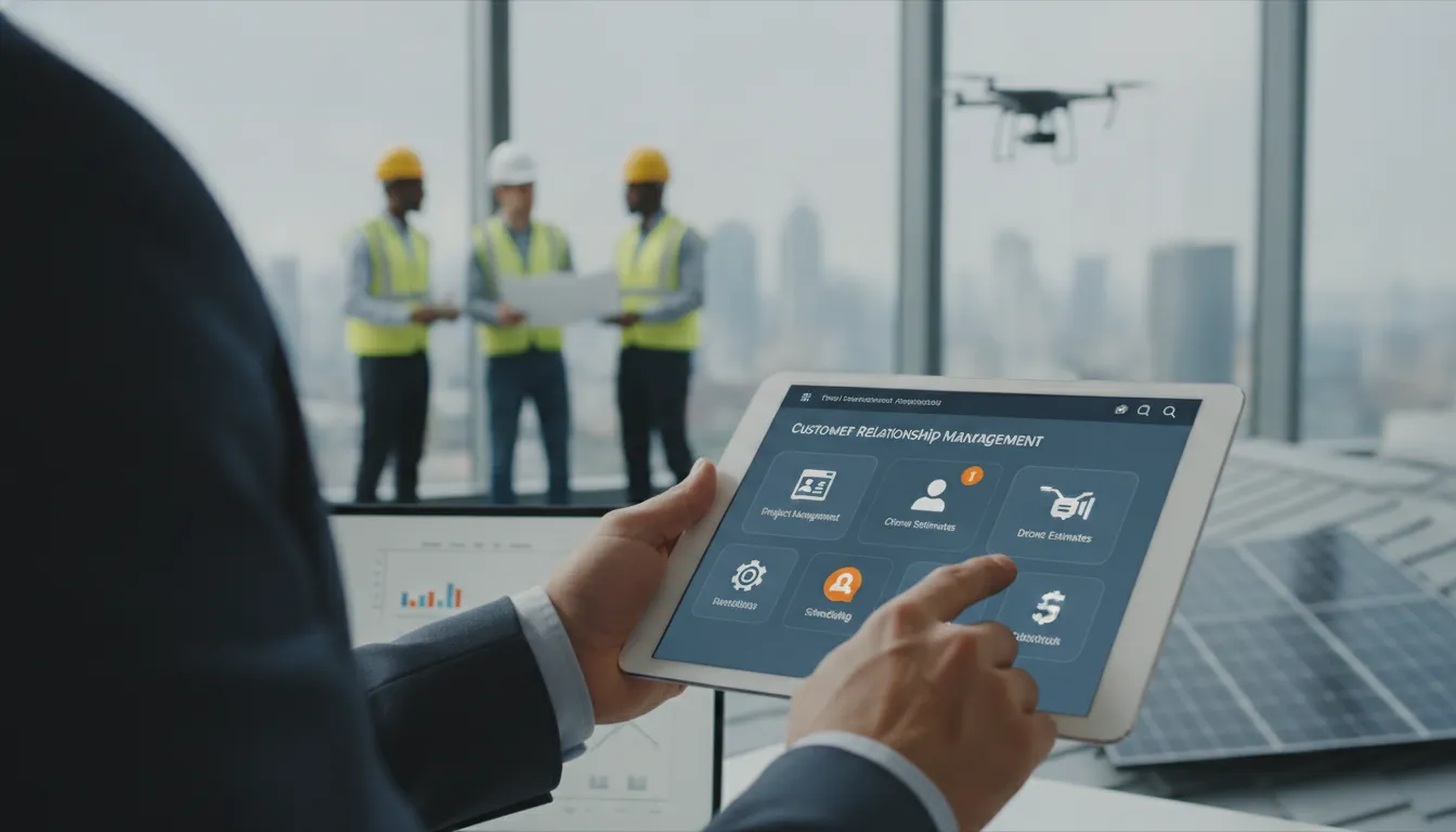 Businessperson reviewing roofing CRM software on a tablet as a construction crew works nearby.