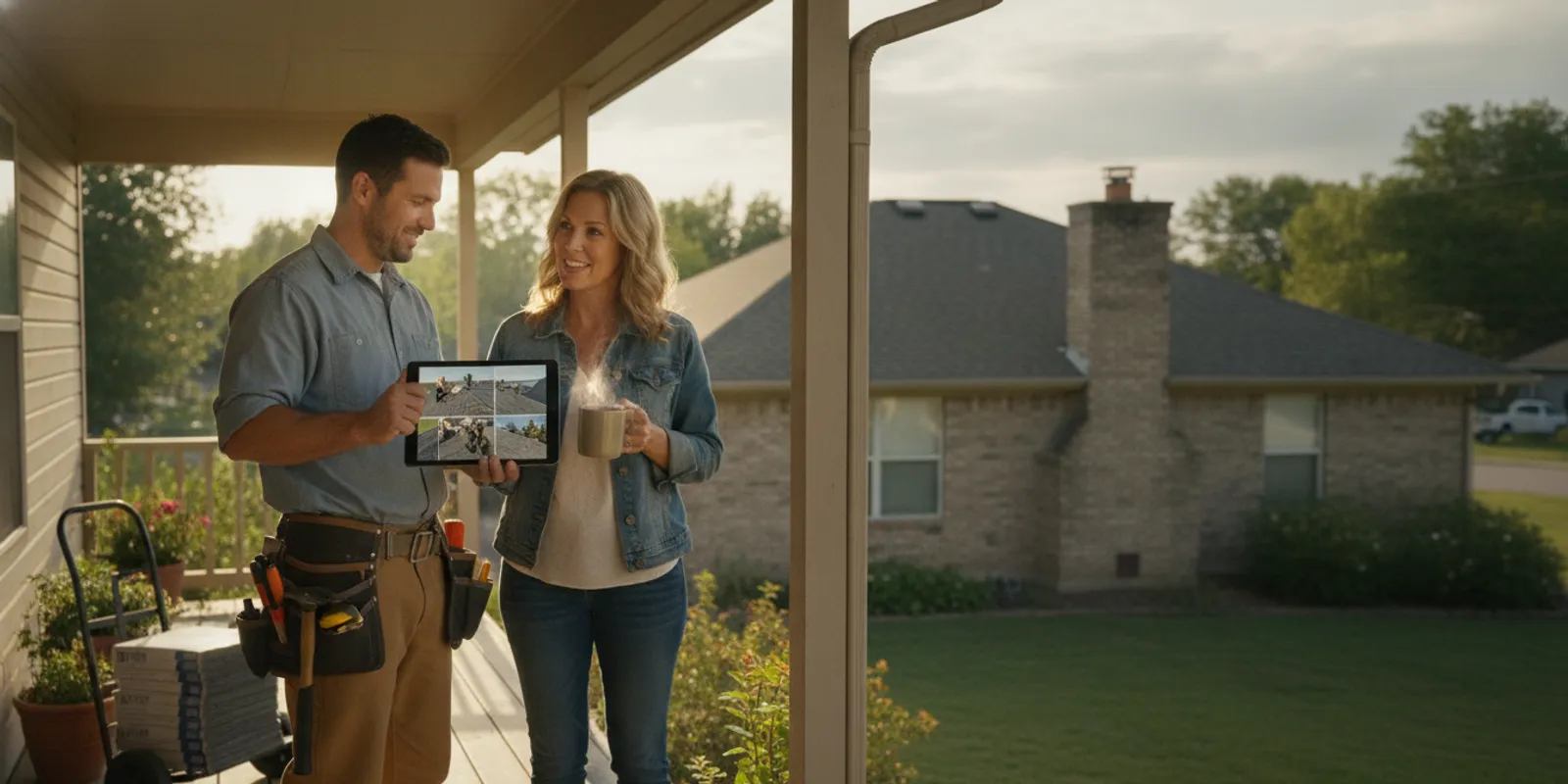 Roofing contractor reviewing a project update with a homeowner beside a home