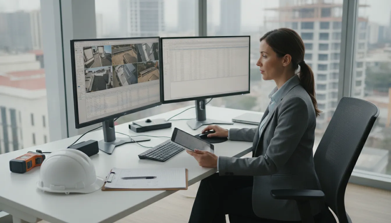 Roofing estimating assistant reviewing project documents at dual monitors in an office.
