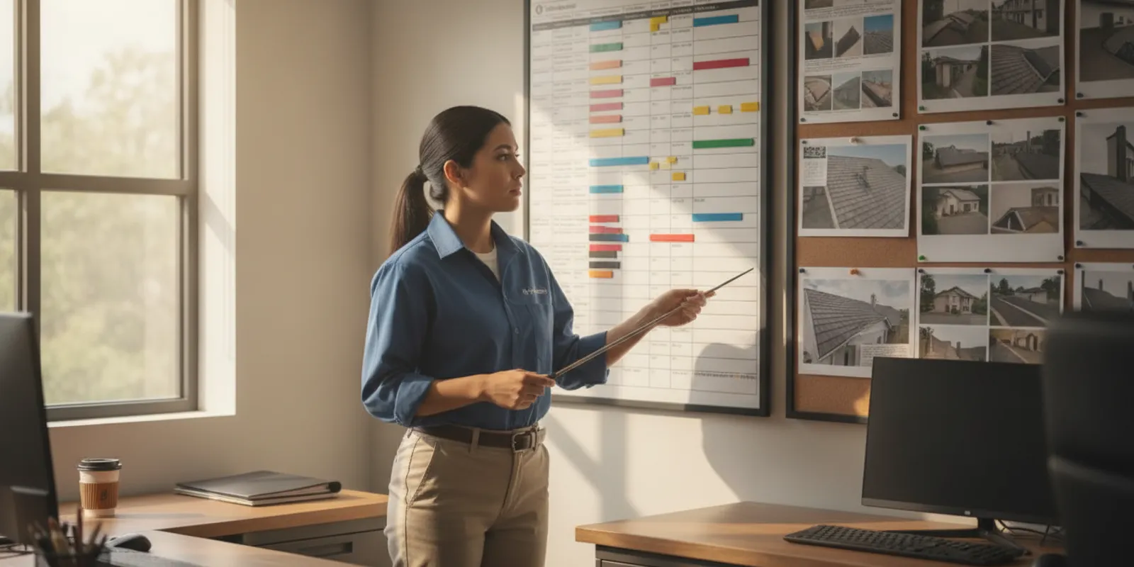 Roofing coordinator reviewing a crew schedule