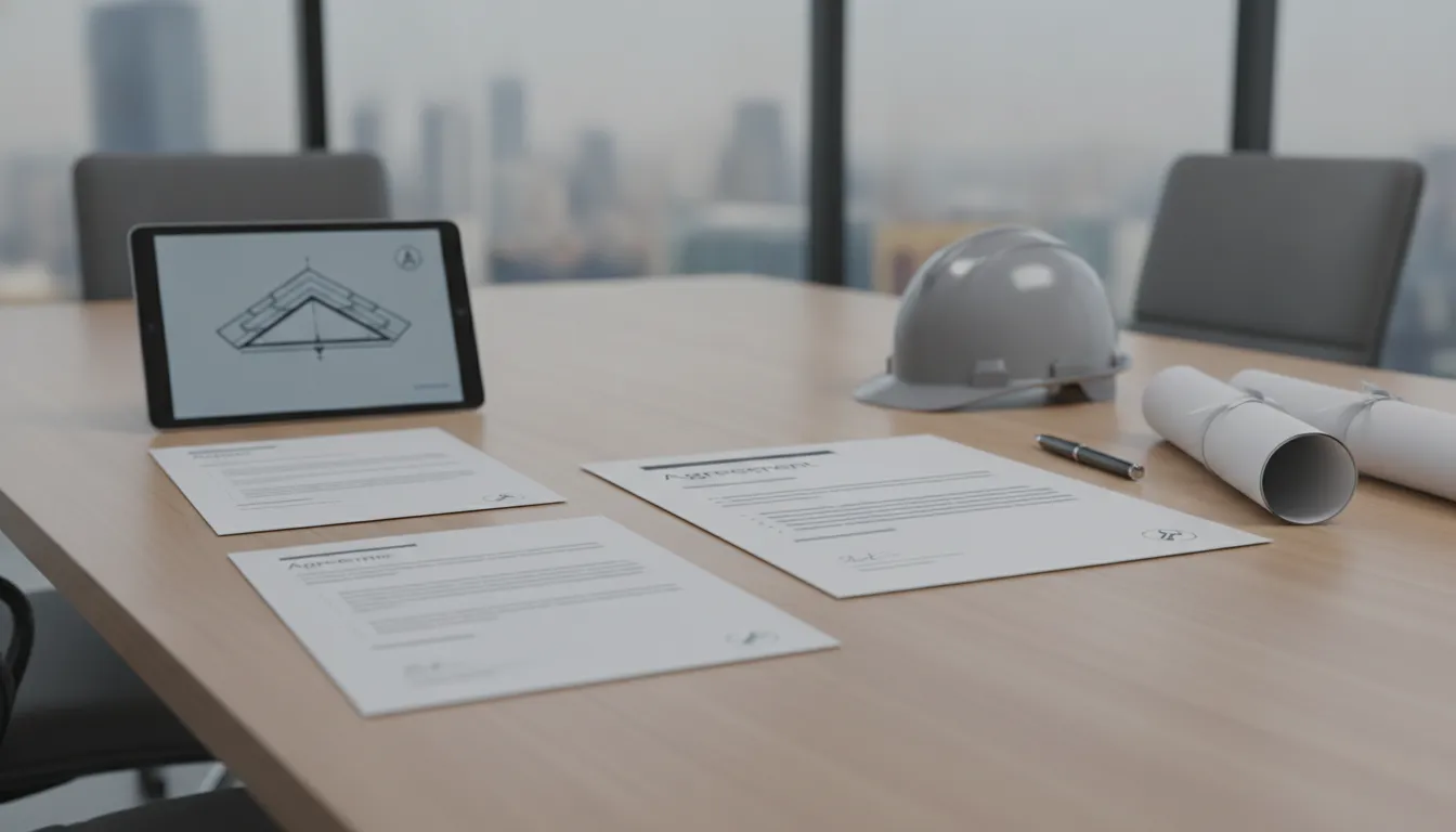 Roofing subcontractor agreement with roof plans, tablet, hard hat, and blueprints.
