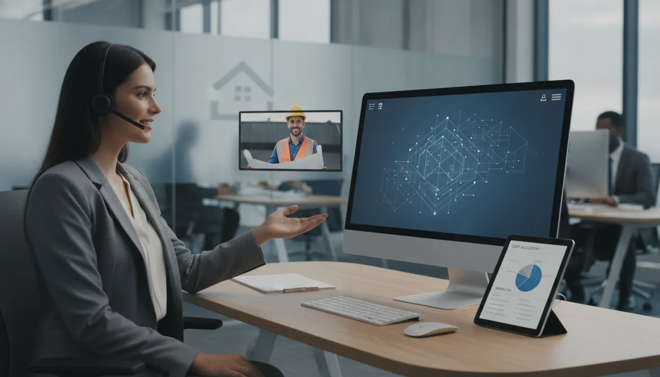 Roofing virtual assistant on a video call managing schedules and paperwork.